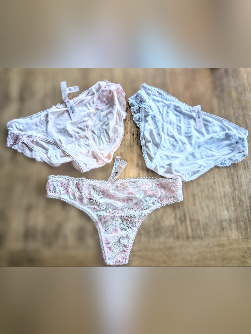 Victoria's Secret Lace Cotton Panty Trio in Pink & White